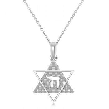 Jewish Star of David with Chai Pendant Necklace 14K White Gold