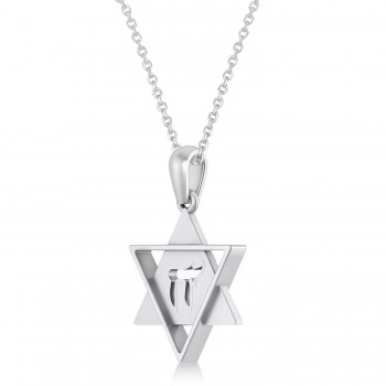 Star of David with Chai Pendant Necklace 14K White Gold