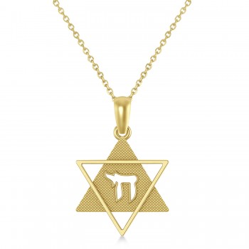 Jewish Star of David with Chai Pendant Necklace 14K Yellow Gold