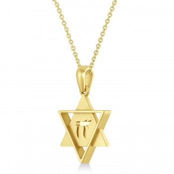 Jewish Star of David with Chai Pendant Necklace 14K Yellow Gold