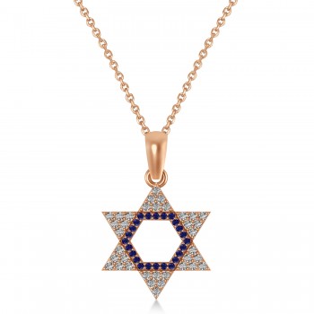 Blue Sapphire & Diamond Jewish Star Of David Pendant Necklace 14K Rose Gold (0.48ct)
