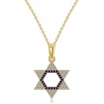 Blue Sapphire & Diamond Jewish Star Of David Pendant Necklace 14K Yellow Gold (0.48ct)