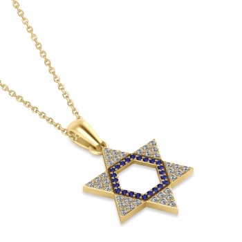 Blue Sapphire & Diamond Jewish Star Of David Pendant Necklace 14K Yellow Gold (0.48ct)