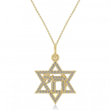 Diamond Jewish Star Of David & Chai Pendant Necklace 14K Yellow Gold (0.37ct)