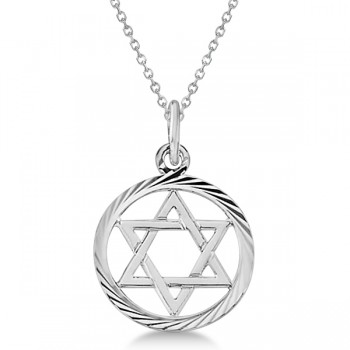 Star of David Pendant for Women Framed in Carved Circle 14k White Gold