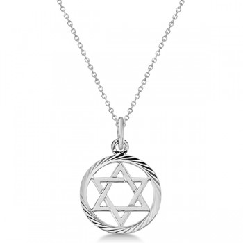 Star of David Pendant for Women Framed in Carved Circle 14k White Gold