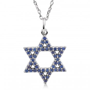 Natural Blue Sapphire Star of David Necklace 14K White Gold