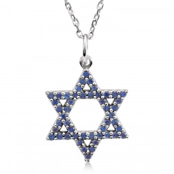 Natural Blue Sapphire Jewish Star of David Necklace 14K White Gold