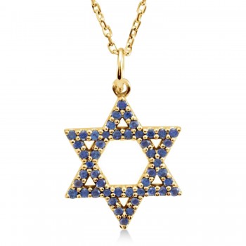 Natural Blue Sapphire Jewish Star of David Necklace 14K Yellow Gold