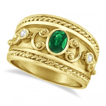 Oval Shaped Emerald & Diamond Byzantine Ring 14k Yellow Gold (0.73ct)