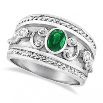 Oval Emerald & Diamond Byzantine Ring Sterling Silver (0.73ct)