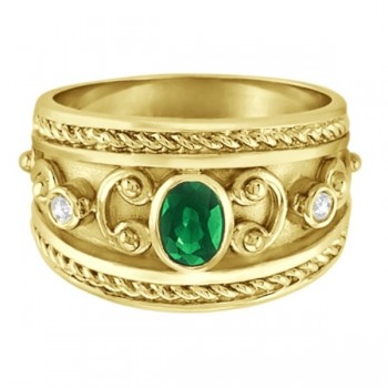 Oval Shaped Emerald & Diamond Byzantine Ring 14k Yellow Gold (0.73ct)