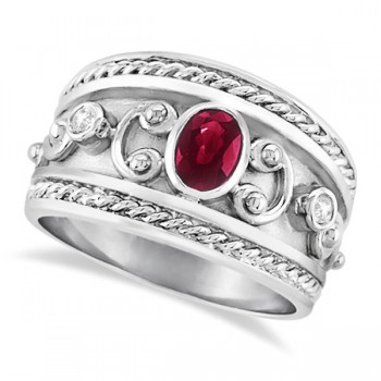 Oval Shaped Ruby & Diamond Byzantine Ring Sterling Silver (0.73ct)