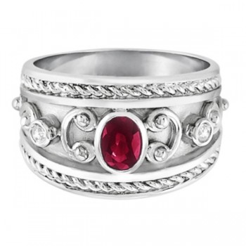Oval Shaped Ruby & Diamond Byzantine Ring Sterling Silver (0.73ct)
