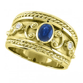 Oval Blue Sapphire & Diamond Byzantine Ring 14k Yellow Gold (0.73ct)