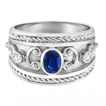 Oval Blue Sapphire & Diamond Byzantine Ring Sterling Silver (0.73ct)