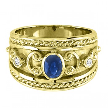 Oval Blue Sapphire & Diamond Byzantine Ring 14k Yellow Gold (0.73ct)