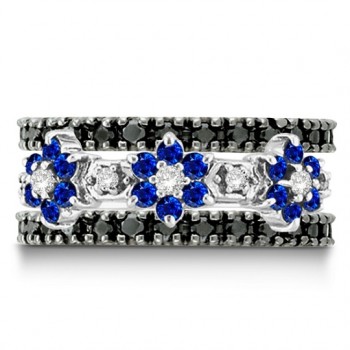 Blue Sapphire & Diamond Flower Stackable Ring 14k White Gold (0.90ct)