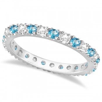 Diamond & Blue Topaz Eternity Ring Stack Band 14K White Gold (0.64ct)