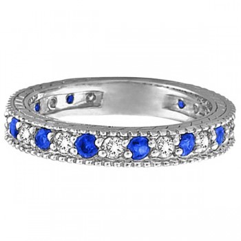 Diamond & Blue Sapphire Anniversary Ring Band in 14k White Gold (1.08 ctw)