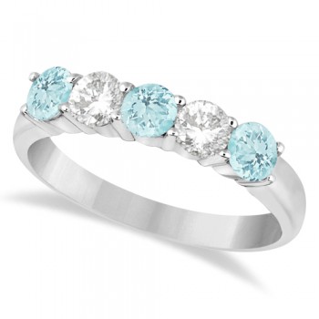 Five Stone Diamond and Aquamarine Ring 14k White Gold (1.36ctw)