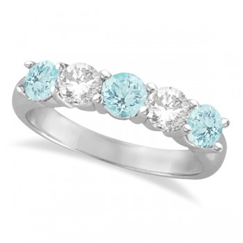 Five Stone Diamond and Aquamarine Ring 14k White Gold (1.92ctw)