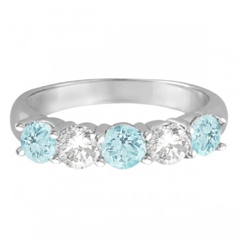 Five Stone Diamond and Aquamarine Ring 14k White Gold (1.92ctw)