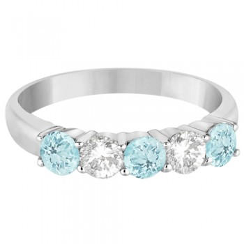 Five Stone Diamond and Aquamarine Ring 14k White Gold (1.36ctw)