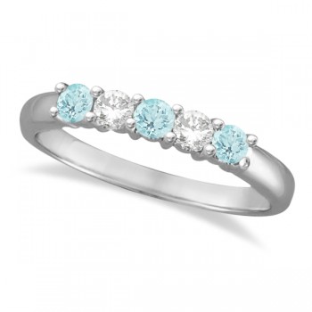 Five Stone Diamond and Aquamarine Ring 14k White Gold (0.67ctw)