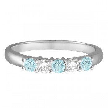 Five Stone Diamond and Aquamarine Ring 14k White Gold (0.67ctw)