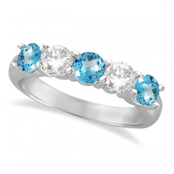 Five Stone Diamond and Blue Topaz Ring 14k White Gold (1.92ctw)