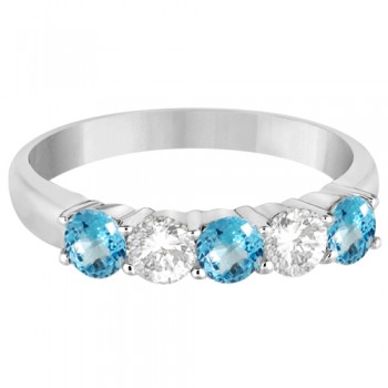 Five Stone Diamond and Blue Topaz Ring 14k White Gold (1.36ctw)