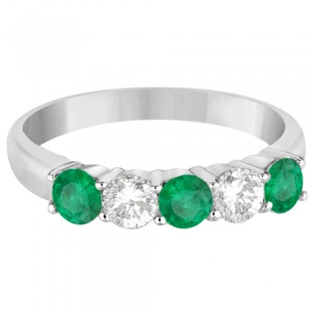 Five Stone Diamond and Emerald Ring 14k White Gold (1.08ctw)