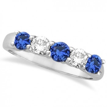 Five Stone Blue Sapphire & Diamond Ring 14k White Gold (1.00ctw)
