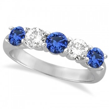 Five Stone Blue Sapphire & Diamond Ring 14k White Gold (1.50ctw)