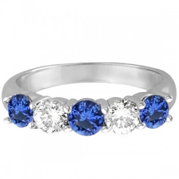 Five Stone Blue Sapphire & Diamond Ring 14k White Gold (1.50ctw)