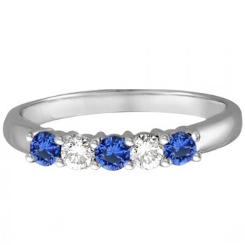 Five Stone Blue Sapphire & Diamond Ring 14k White Gold (0.50ctw)