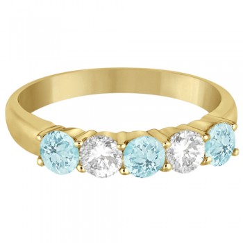 Five Stone Diamond and Aquamarine Ring 14k Yellow Gold (1.36ctw)