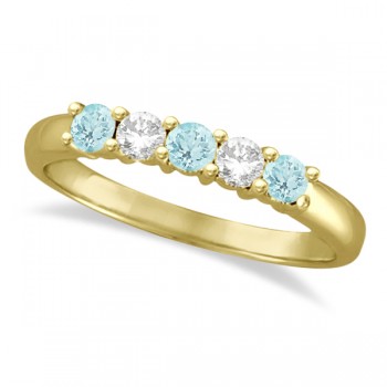 Five Stone Diamond and Aquamarine Ring 14k Yellow Gold (0.67ctw)