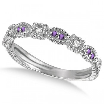 Vintage Stackable Diamond & Amethyst Ring 14k White Gold (0.15ct)