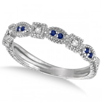 Vintage Stackable Diamond & Blue Sapphire Ring 14k White Gold (0.15ct)