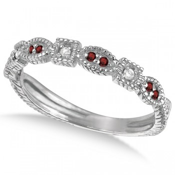 Vintage Stackable Diamond & Garnet Ring 14k White Gold (0.15ct)