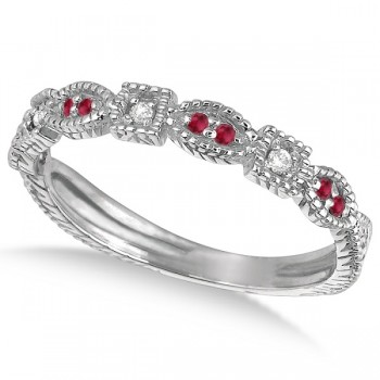 Vintage Stackable Diamond & Ruby Ring 14k White Gold (0.15ct)