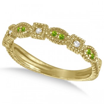 Vintage Stackable Diamond & Peridot Ring 14k Yellow Gold (0.15ct)