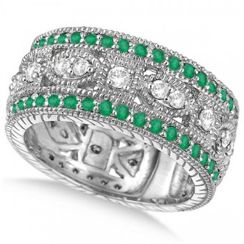 Vintage Style Byzantine Diamond & Emerald Ring 14k White Gold (1.37ct)