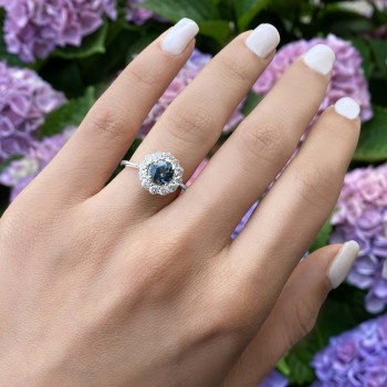 Halo Diamond Accented and Gray Spinel Lady Di Ring 14K White Gold (2.14ct)