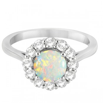 Halo Diamond Accented and Opal Lady Di Ring 14K White Gold (2.14ct)