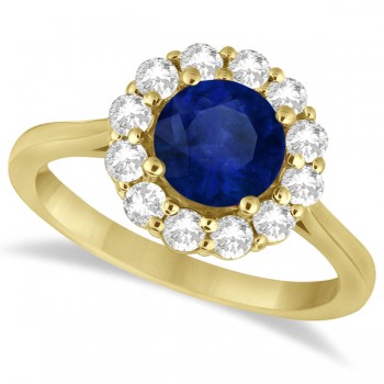 Halo Diamond Accented and Blue Sapphire Ring 14K Yellow Gold (2.14ct)
