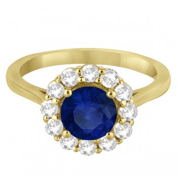 Halo Diamond Accented and Blue Sapphire Ring 14K Yellow Gold (2.14ct)
