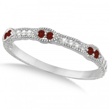 Vintage Stacking Diamond & Garnet Ring Band 14k White Gold (0.15ct)